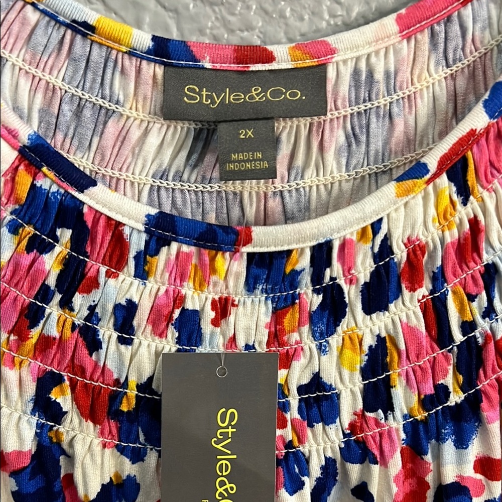 Style & Co Red, Pink, Blue Ruched Cap Sleeve Blouse size 2X NWT - Picture 2 of 7